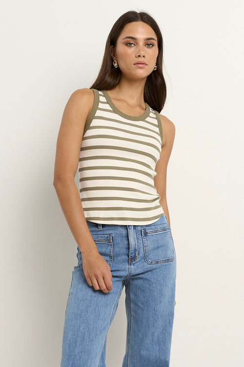 model wears a white and khaki stripe tank