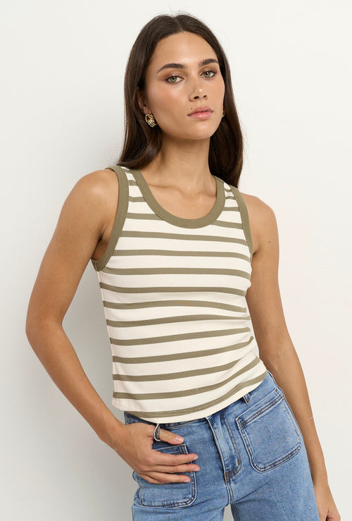 model wears a white and khaki stripe tank