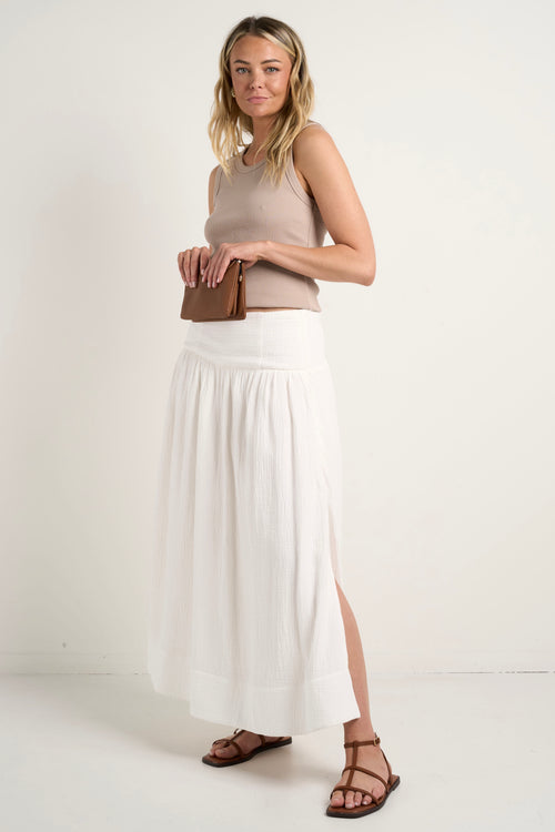 model wears White Cotton Maxi Skirt