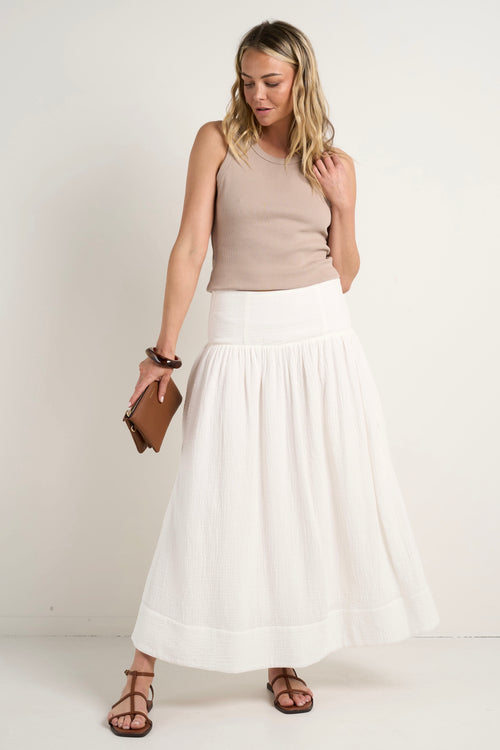 model wears White Cotton Maxi Skirt