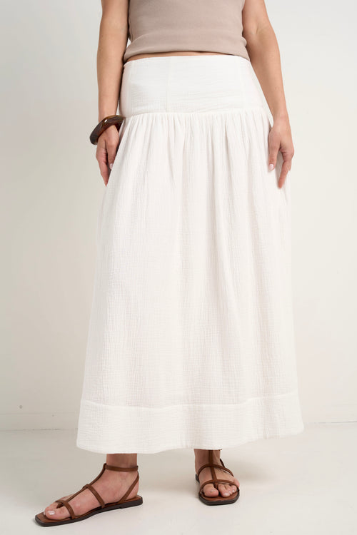 model wears White Cotton Maxi Skirt