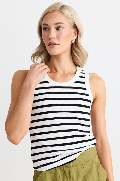 model wears a white black stripe singlet