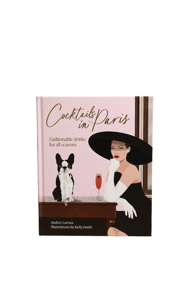 Book cover of 'Cocktails in Paris' with a woman, dog, and cocktail glass illustration.