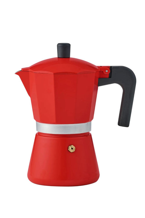 A classic red stovetop moka pot with a black handle and lid knob, featuring a silver metal band around the middle and a small brass valve on the base, isolated on a white background.