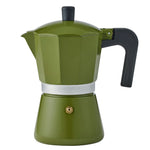 An olive green stovetop moka pot with a black handle and lid knob, set against a plain white background.