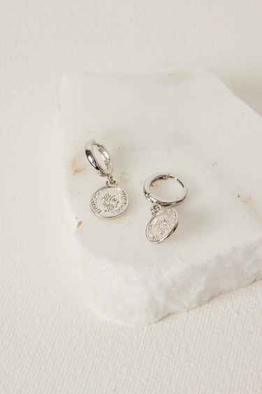 Coin Huggie Rhodium Earrings