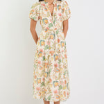 Comet Peach Bloom Short Puff Sleeve Button Front Midi Dress