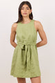 Composed Moss Panelled Linen Tie Sleeveless Mini Dress
