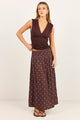 Wanderlust Mocha Blue Polka Dot Shirred Waist Maxi Skirt