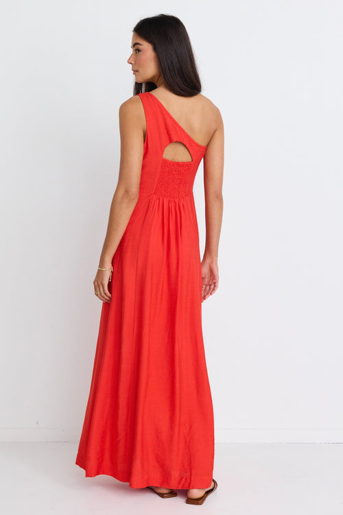 model wears a one shoulder red maxi dress