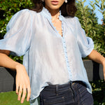 Continuance Pale Blue High Neck Buttoned SS Top
