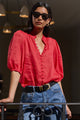 Continuance Red Ramie High Neck Buttoned SS Top