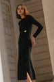 Course Black Waist Buckle Knit Long Sleeve Midi Dress