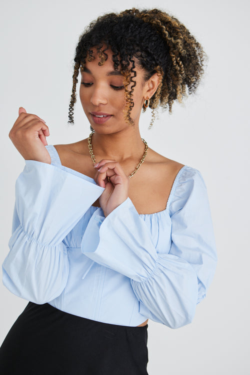 Courtly Pale Blue Poplin Shaped Corset Top WW Top Georgia Mae   