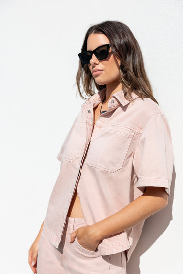 Crucial Pale Pink Denim Short Sleeve Shacket