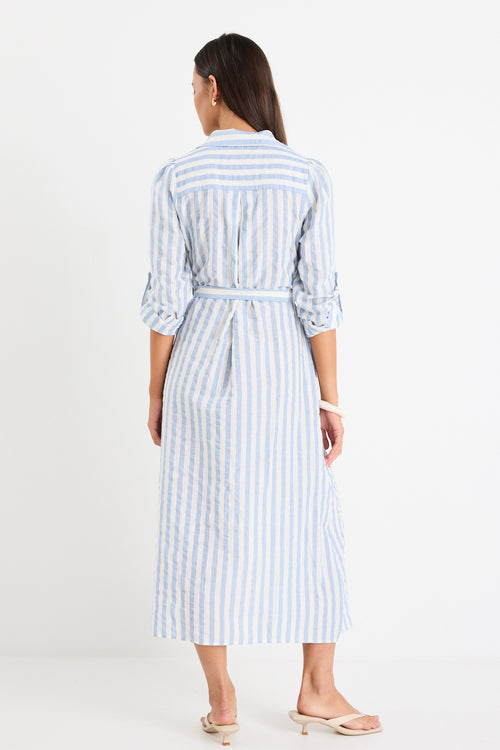 model wears a blue and white stripe shirt midi dress