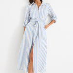 model wears a blue and white stripe shirt midi dress