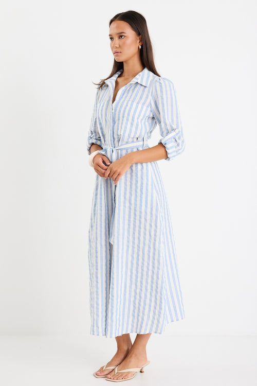 model wears a blue and white stripe shirt midi dress