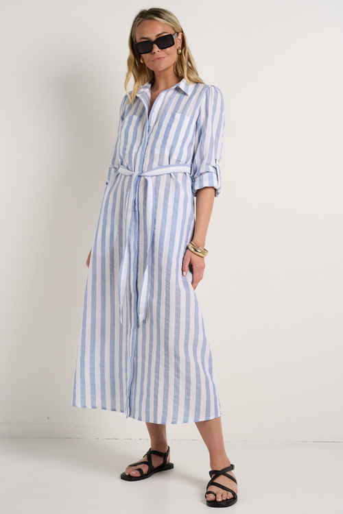 model wears blue and white stripe midi dress