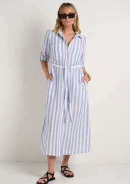 Cyprus Blue Stripe LS Shirt Midi Dress