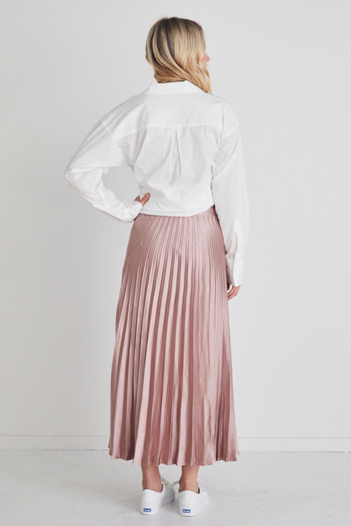 Luminescent Blush Satin Pleated Midi Skirt WW Skirt By Rosa.   