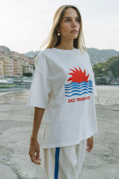 Woman wearing Tropiques Oversized Tee Warm White