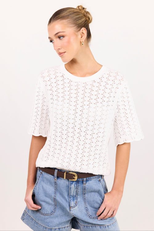 A woman wearing a white short-sleeve knit top with a textured openwork pattern, paired with light blue denim shorts and a brown belt, against a plain white studio background.