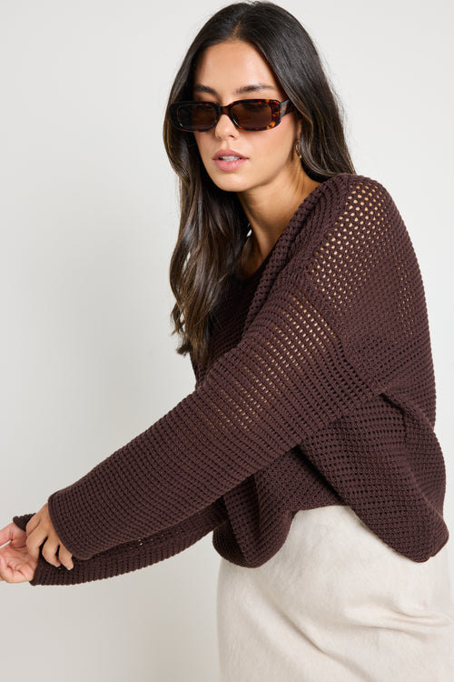 model wears a brown crochet knit jumper