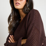 model wears a brown crochet knit jumper