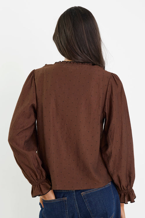 Person wearing a brown blouse and blue jeans on a white background
col_pattern