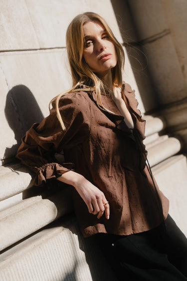 Decorate Chocolate Black Polka Dot Frill Front Mid Sleeve Top