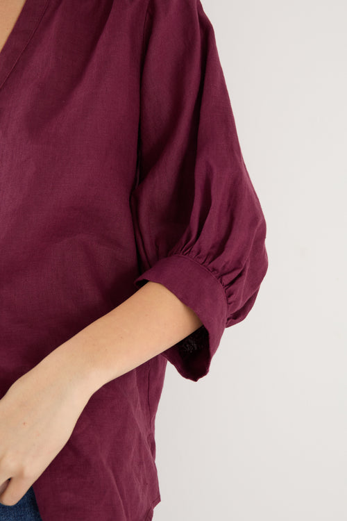 burgundy blouse on model 