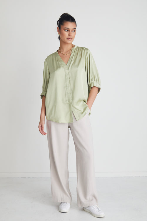 Deity Sage Satin Button Through Puff Sleeve Ss Blouse WW Top By Rosa.   