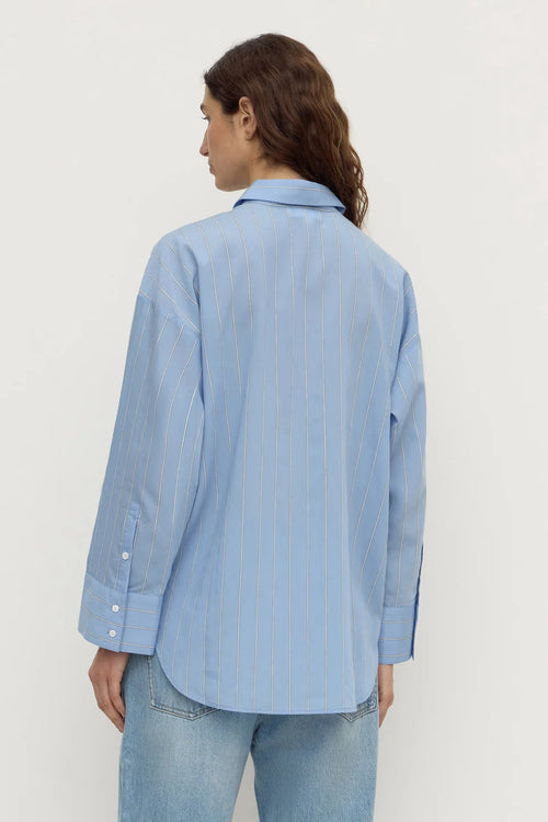 A person shown from the back wearing a light blue long-sleeve button-up shirt with thin vertical stripes and light blue jeans, photographed against a plain light background.