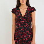 Derry Black Poppy Print Lightweight Cap Sleeve V Neck Mini Dress