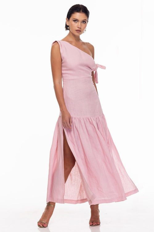 model wears a pink one shoulder maxi dress