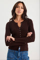 Ditto Chocolate Button Front Rib Knit Long Sleeve Top