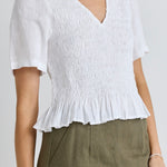 Mellow White Linen V Neck SS Shirred Top