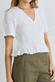 Mellow White Linen V Neck SS Shirred Top