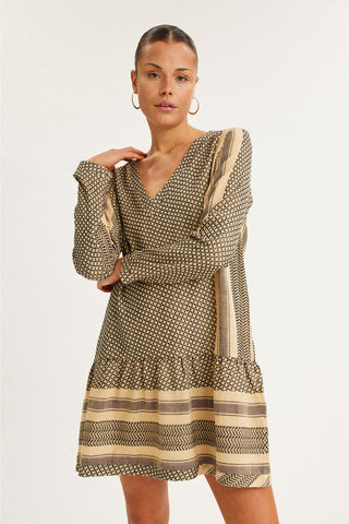 Dress 2V Beige Pattern LS Mini Dress