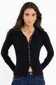 Duplication Black Rib Knit Collared Cardigan