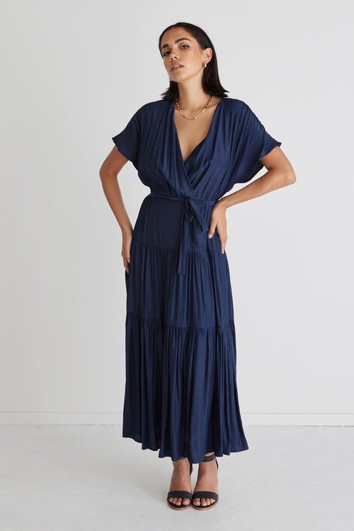 Sunset Navy Tiered Satin Maxi Kimono Dress WW Dress Among the Brave   