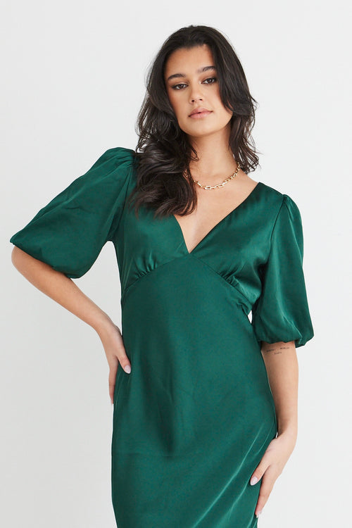 Aura Forest Satin Puff Sleeve Bias Midi Dress WW Dress Among the Brave   