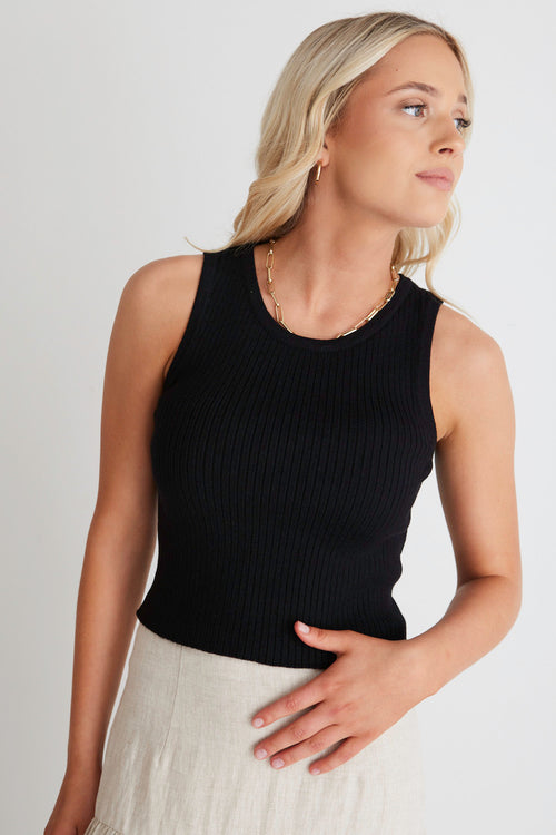 Uptown Black Rib Knit Cut Away Crop Tank WW Top Among the Brave   