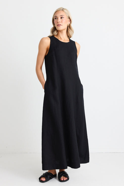 Model wears maxi linen black dress