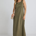 Easygoing Soft Khaki Linen Blend Sleeveless Crew Neck Midi Dress