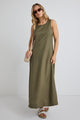 Easygoing Soft Khaki Linen Blend Sleeveless Crew Neck Midi Dress