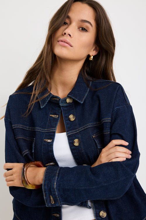 Long sleeve indigo denim jacket with patch pockets, buttoned front, and relaxed fit on model.
col_pattern