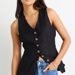 Eiffel Black Linen Viscose Fitted Longline Vest