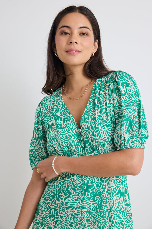 model wears floral green midi dress